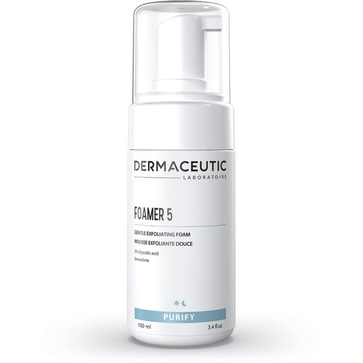 Dermaceutic Foamer 5 100 ml eksfolierende renseskum med glykolsyre i hvit pumpeflaske med gjennomsiktig lokk