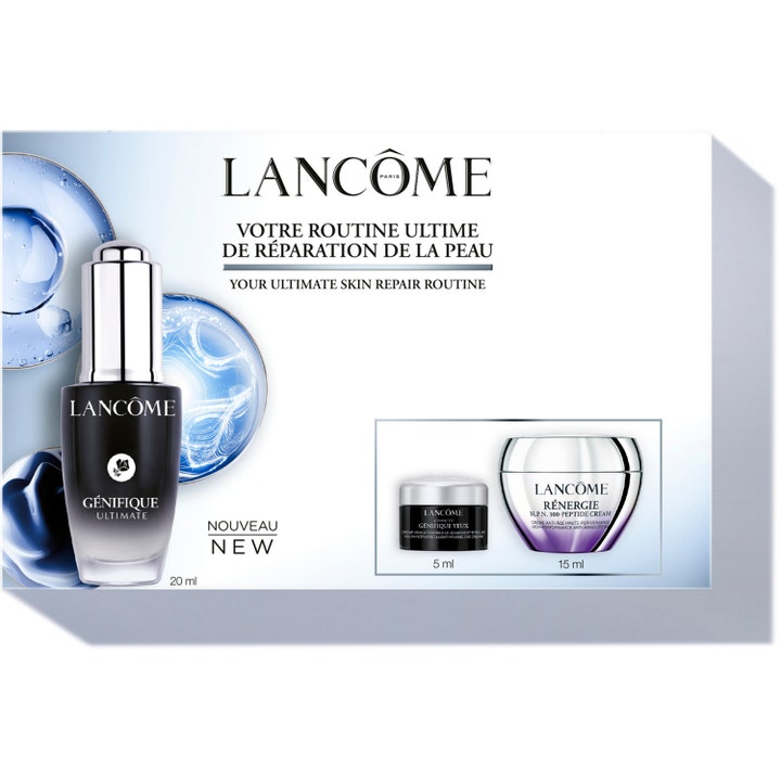 Lancôme Génifique Ultimate 20ml reparerende hudpleierutine med serum i svart glassflaske og krukker i hvit gaveeske