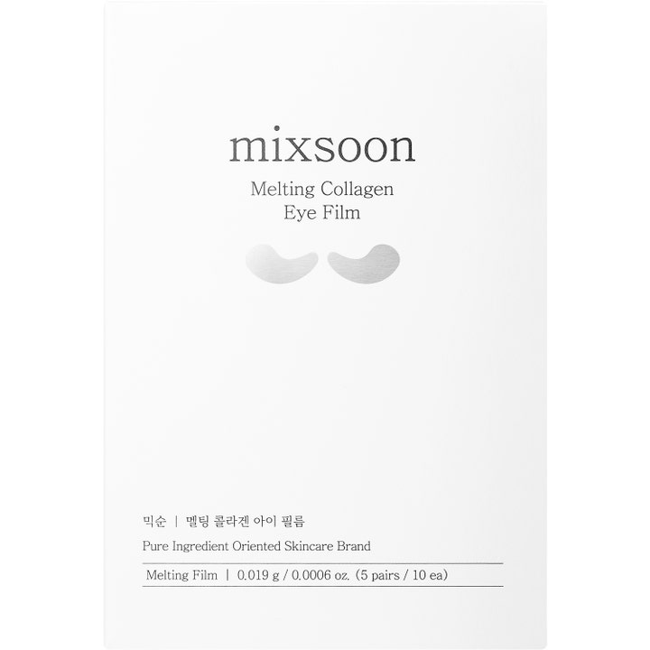 Mixsoon Melting Collagen Eye Film 5 par oppstrammende øyemaske i hvit pakning med sølvfargede illustrasjoner