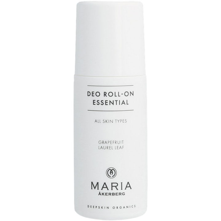 Maria Åkerberg Deo Roll-On Essential 60 ml pleiende deodorant i hvit plastflaske med minimalistisk sort tekst