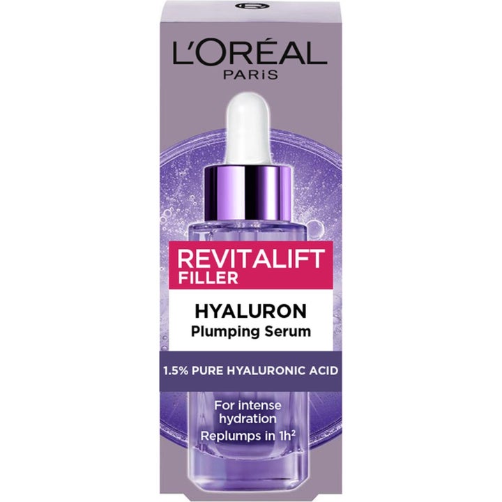 L'Oréal Paris Revitalift Filler Hyaluron Plumping Serum fuktighetsgivende ansiktsserum i lilla eske med glassflaske