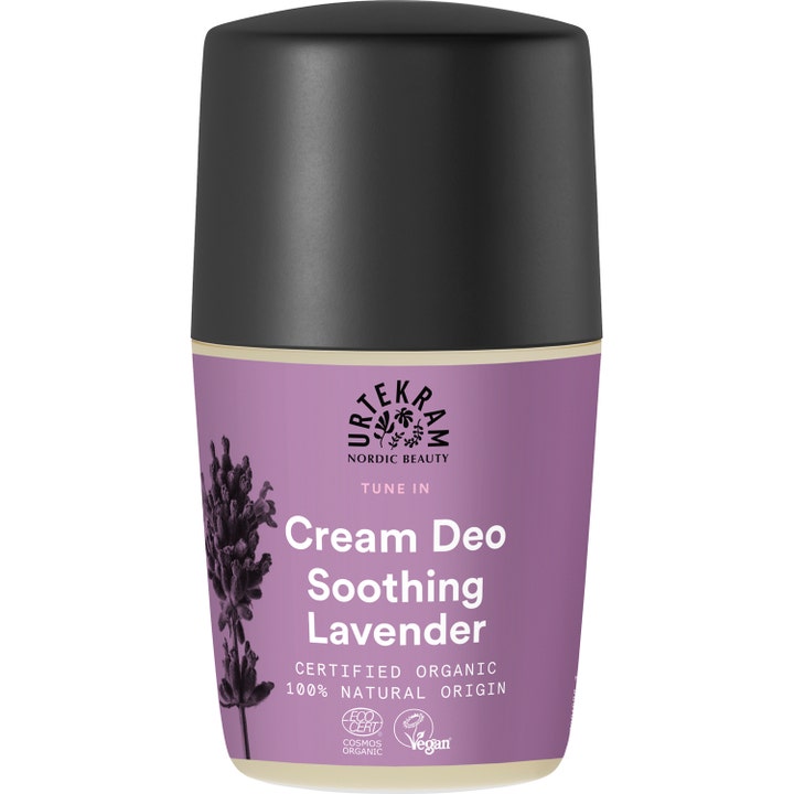Urtekram Cream Deo Soothing Lavender pleiende kremdeodorant i lilla emballasje med lavendelillustrasjon og sort lokk