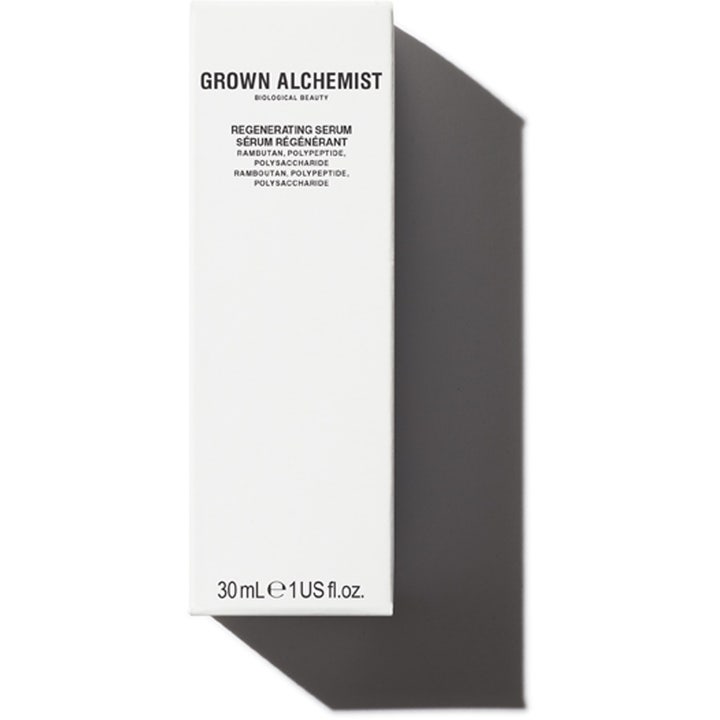 Grown Alchemist Regenerating Serum 30 ml regenererende ansiktsserum i hvit eske med rambutan og polypeptider