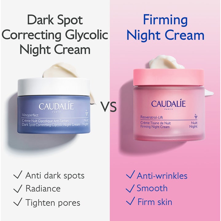 Caudalie Resveratrol-Lift Firming Night Cream 50 ml oppstrammende nattkrem i rosa krukke mot blå Vinoperfect krukke.