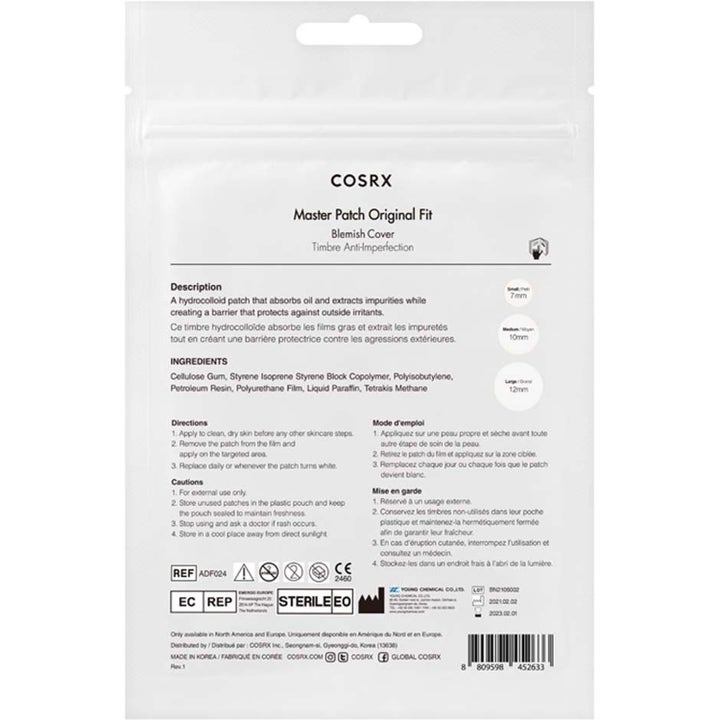 COSRX Master Patch Original Fit Duo gjennomsiktige kviselapper baksiden av hvit pakke med info og tre størrelser