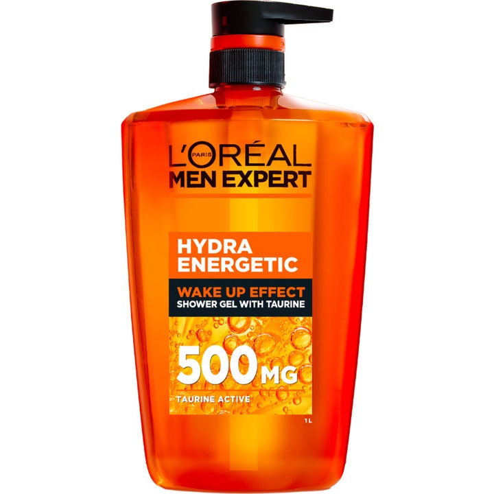 L'Oréal Men Expert Hydra Energetic Dusjgelé 1000 ml gir energi med taurin i en stor oransje pumpeflaske.