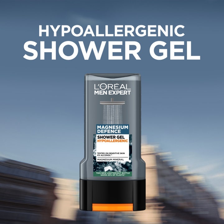 L'Oréal Paris Men Expert Magnesium Defence 300 ml hypoallergen dusjsåpe i grå flaske med magnesium mineraler