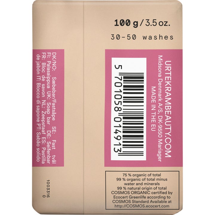 Urtekram Rose Soap Bar 100 g fast såpe som pleier huden i beige og rosa papiremballasje med strekkode