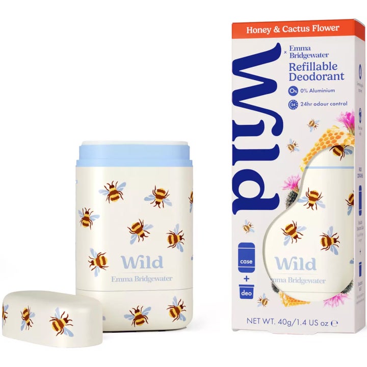 Wild Emma Bridgewater Refillable Deodorant 40g gir 24 timers beskyttelse i hvit hylse med humlemønster og eske