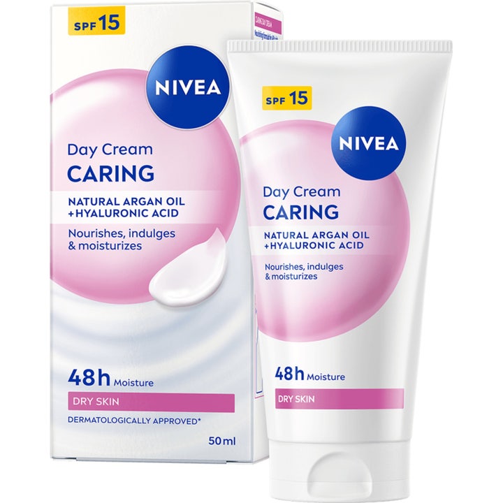 Nivea Day Cream Caring 50 ml pleiende dagkrem med SPF 15 og hyaluronsyre i hvit tube og eske med rosa detaljer