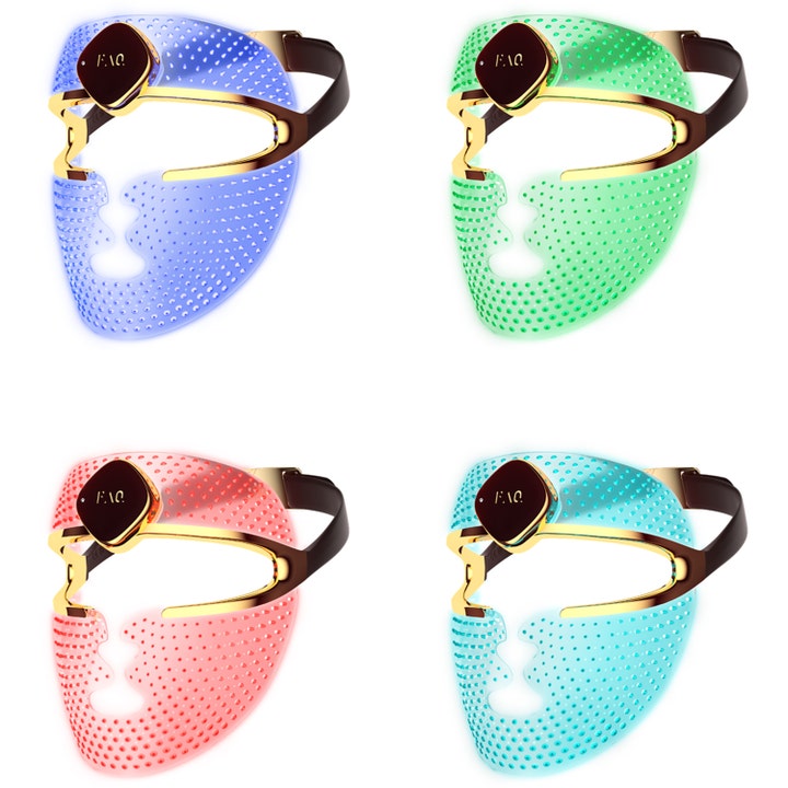 FAQ Swiss FAQ™ 202 Anti-Aging Silicone LED Mask 1 stk hudpleie viser fire masker som lyser i blått, grønt, rødt og turkis.