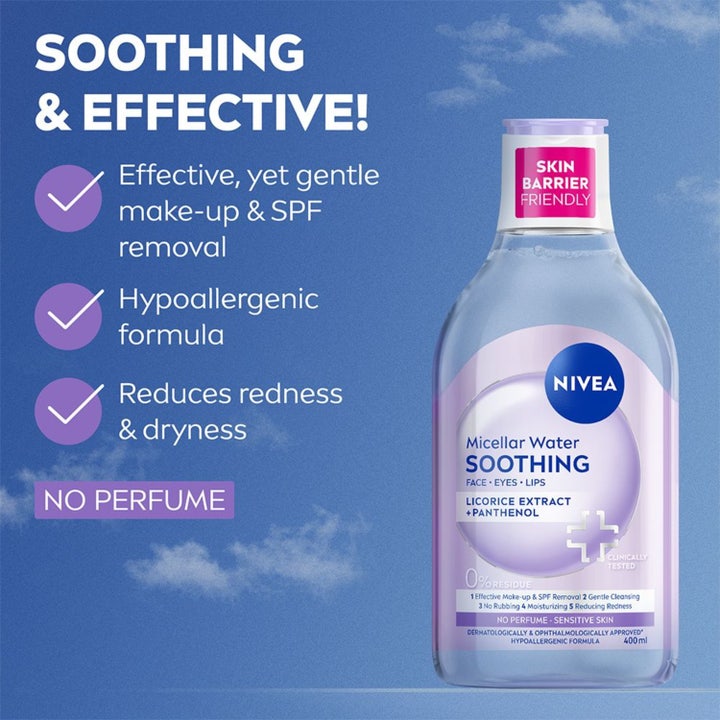 Nivea Micellar Water Soothing 400 ml parfymefri ansiktsrengjøring i klar flaske merket Skin Barrier Friendly