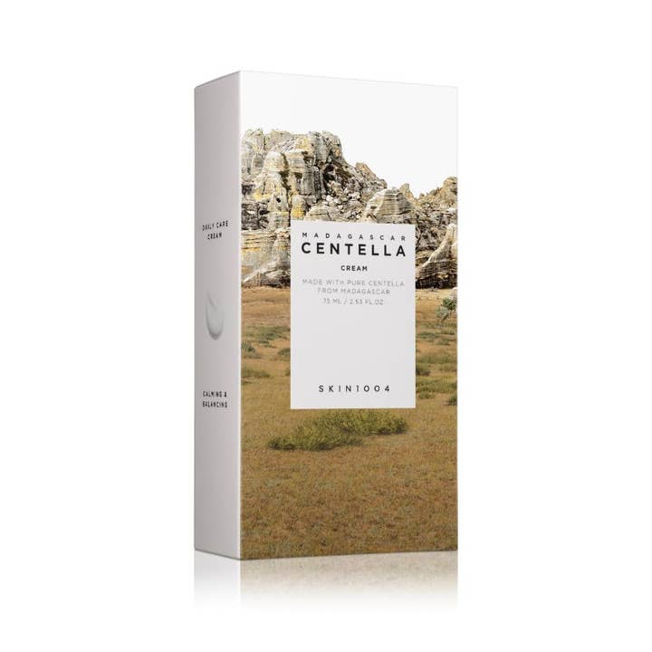 SKIN1004 Madagascar Centella Cream 75 ml beroligende ansiktskrem i hvit eske med landskapsmotiv