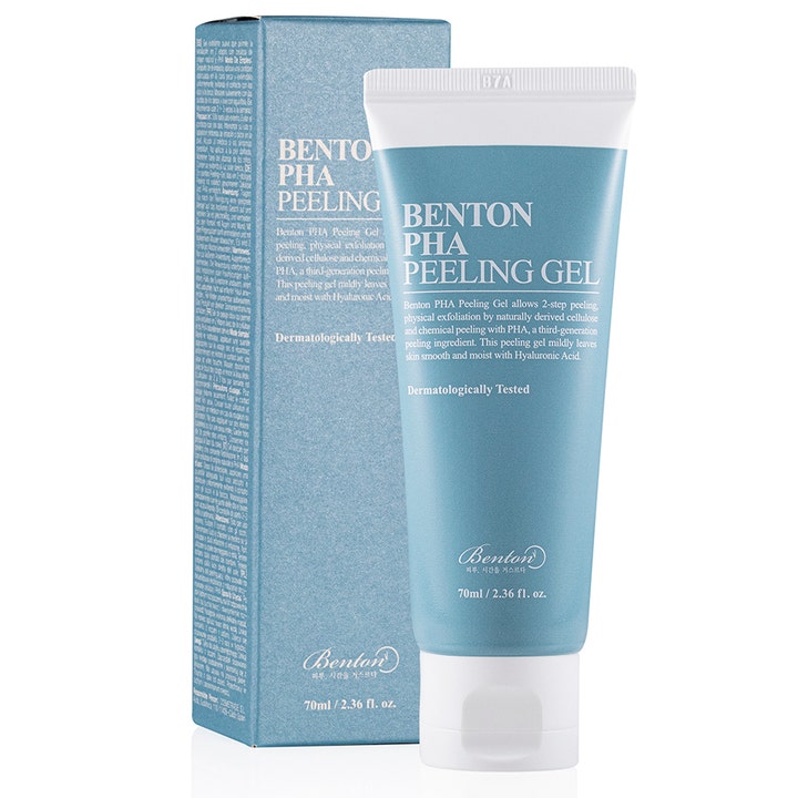 Benton PHA Peeling Gel 70ml skånsom eksfoliering som gir fuktighet i lyseblå tube ved siden av esken