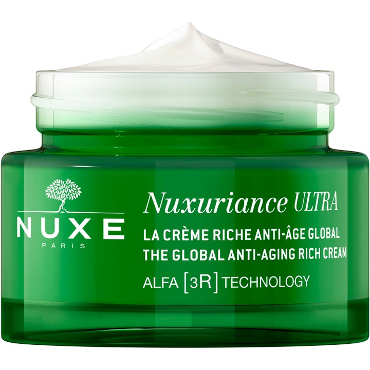 Nuxe Nuxuriance Ultra Rich Day Cream 50 ml anti-age dagkrem i grønn glasskrukke med fyldig hvit tekstur