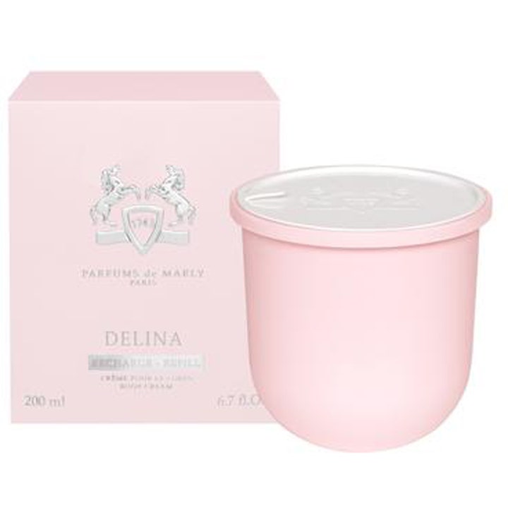 Parfums de Marly Delina Body Cream Refill 200 ml fuktighetsgivende kroppskrem i lyserosa boks og refillbeholder