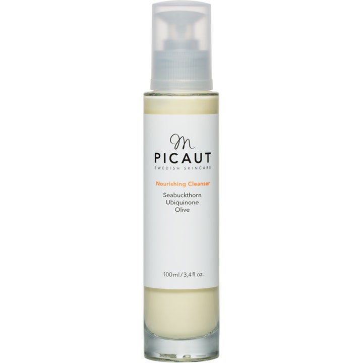 M. Picaut Nourishing Cleanser 100 ml næringsgivende ansiktsrens med tindved i glassflaske med lysegul kremet formula