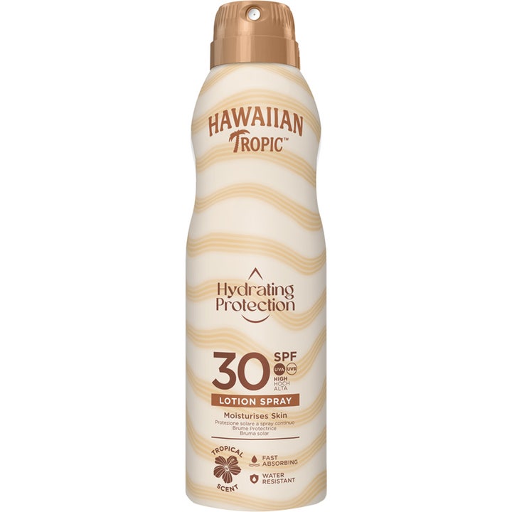 Hawaiian Tropic Hydrating Protection SPF 30 fuktighetsgivende solkremspray i hvit flaske med beige bølger og bronsehette.