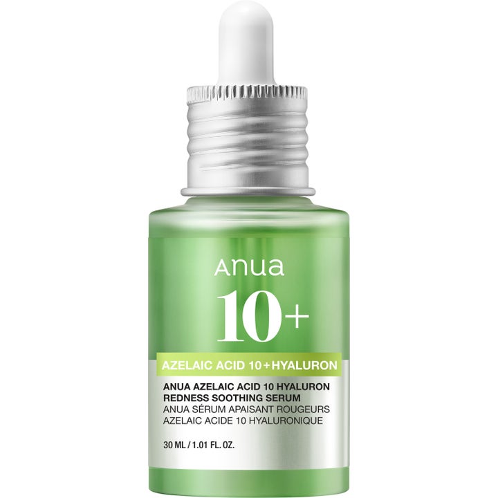 Anua Azelaic Acid 10 + Hyaluron 30 ml beroligende serum mot rødhet i grønn glassflaske med sølvfarget dropper.