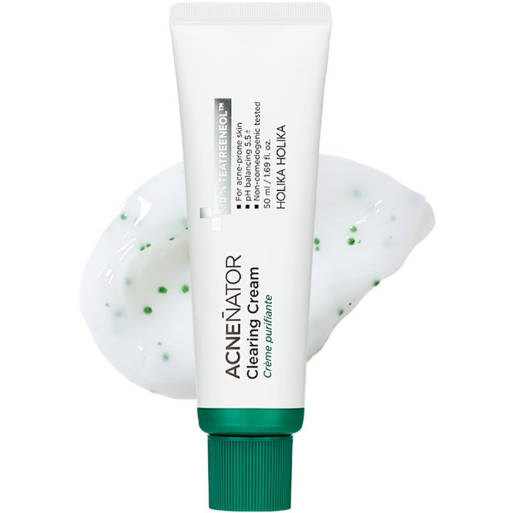 Holika Holika ACNEÑATOR Clearing Cream 50 ml mot kviser i hvit tube med grønn kork og hvit gelkrem med grønne kuler