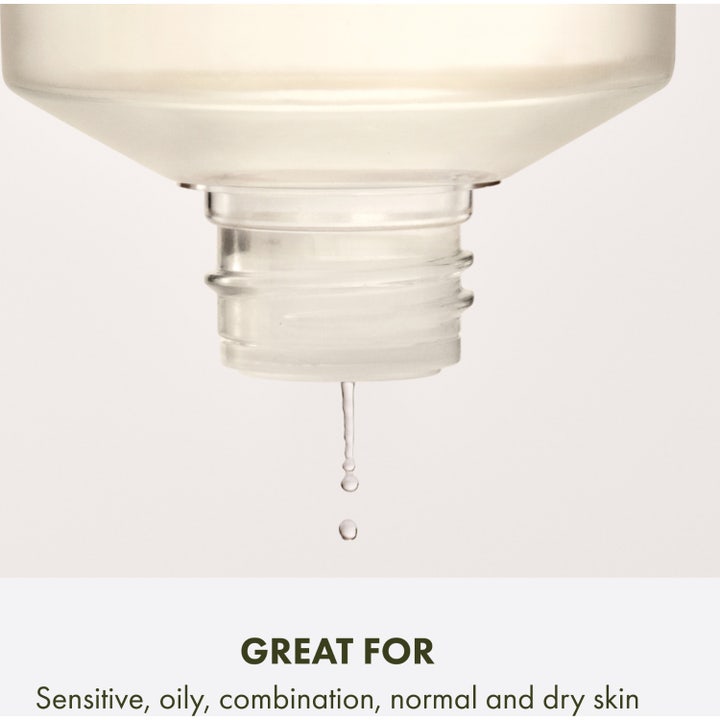 Origins Checks and Balances Daily Exfoliating Toner 150 ml viser en dråpe og tekst om ulike hudtyper.