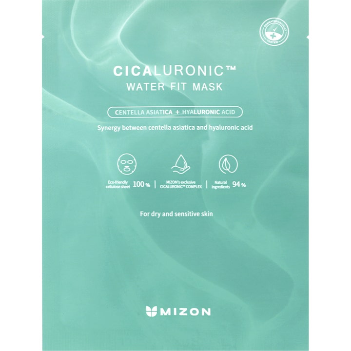 Mizon Cicaluronic Water Fit Mask 1 stk beroligende ansiktsmaske i turkis sachet med hvite vannmønstre.