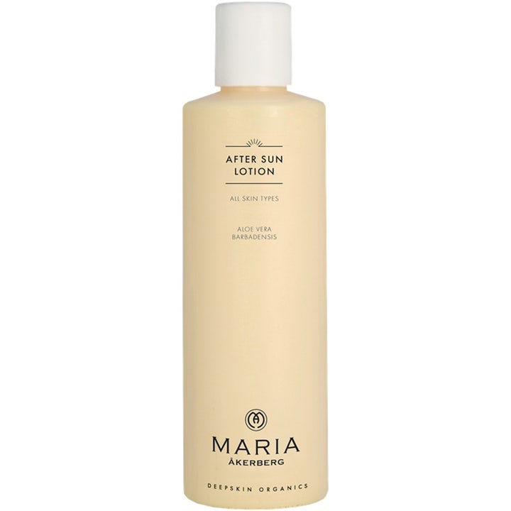Maria Åkerberg After Sun Lotion fuktighetsgivende krem med svalende aloe vera i en beige flaske med hvit kork.