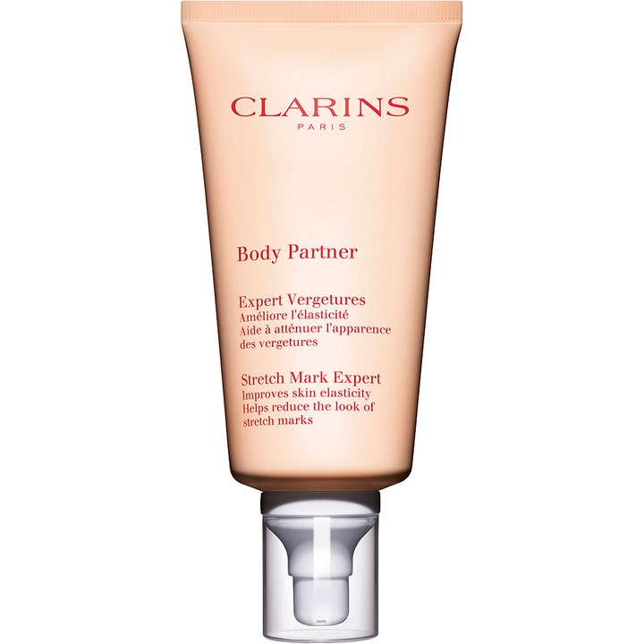 Clarins Body Partner Stretch Mark Expert 175 ml hudkrem forbedrer elastisitet i ferskenfarget tube med pumpe.