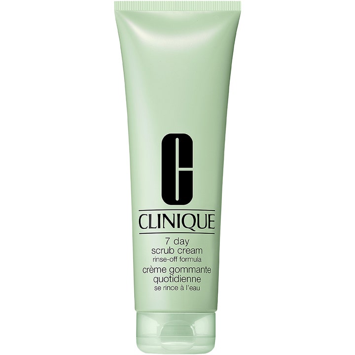 Clinique 7 Day Scrub Cream eksfolierende ansiktsskrubb i lysegrønn tube som fjerner døde hudceller effektivt