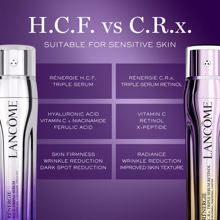 Lancôme Rénergie C.R.x Triple Serum Retinol 50 ml sammenlignet med H.C.F. serum for forbedret hudtekstur.