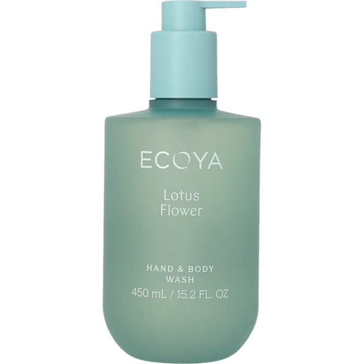 Ecoya Lotus Flower Hand & Body Wash 450 ml rengjørende kroppssåpe i grønn frostet flaske med lyseblå pumpe.