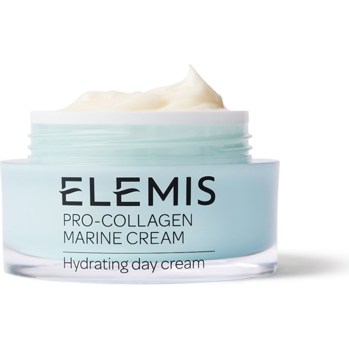 Elemis Pro-Collagen Marine Cream fuktighetsgivende dagkrem i lyseblå krukke med synlig hvit og kremet tekstur.
