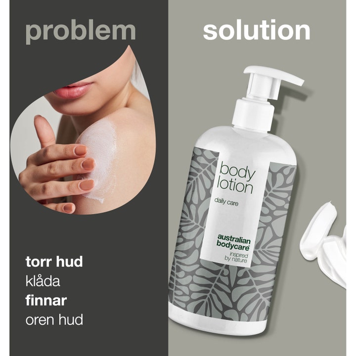Australian Bodycare Body Lotion 500 ml mot tørr hud og kviser vist på pumpeflaske med hvit kremtekstur og påføring.