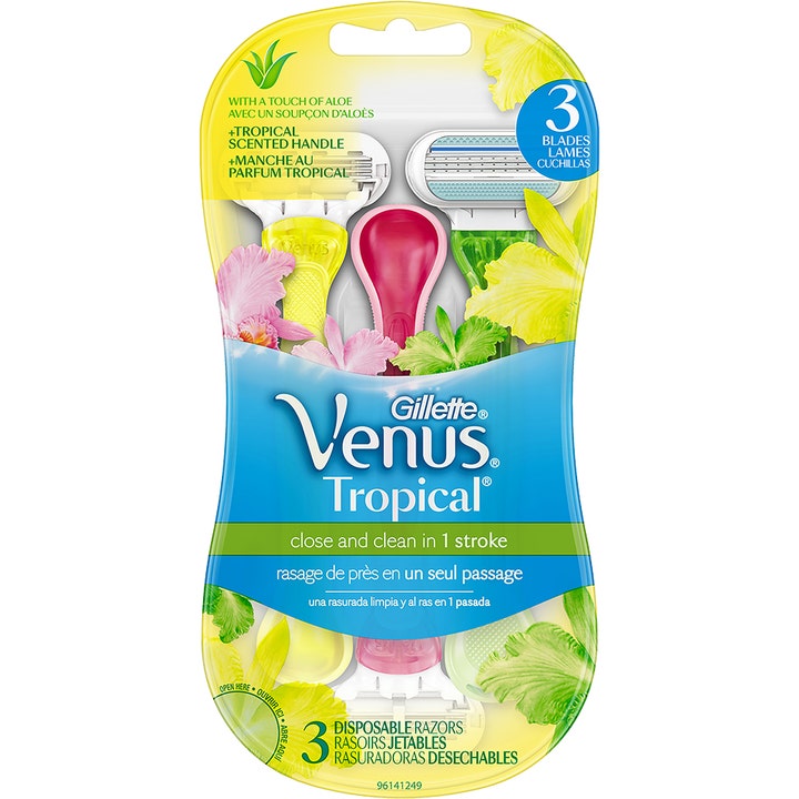 Gillette Venus Tropical 3-pack engangshøvel for glatt barbering med fargerike skaft i gul, rosa og grønn.