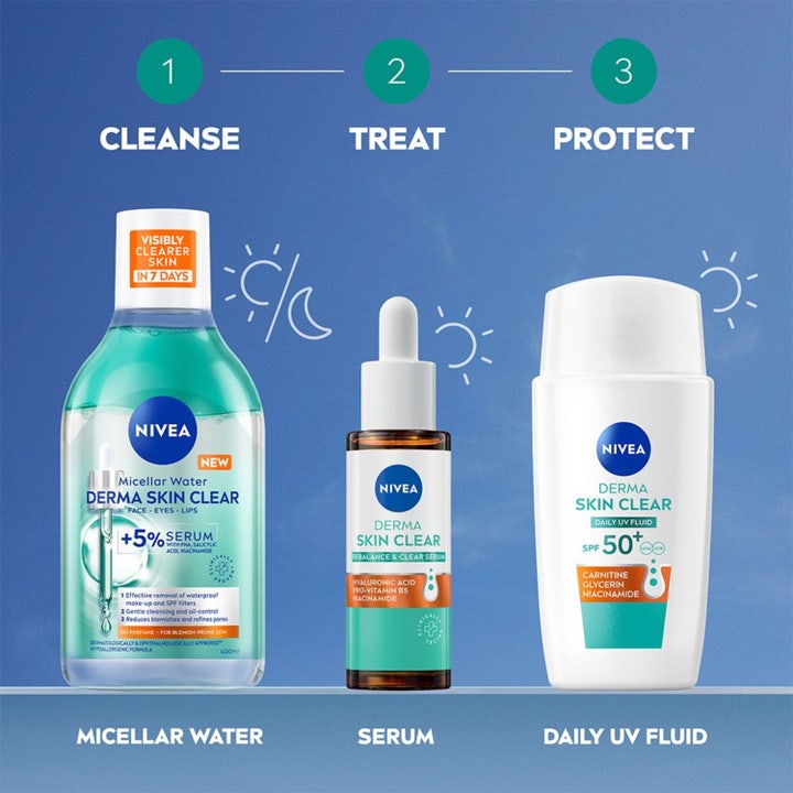 NIVEA Derma Skin Clear Daily UV Fluid 40 ml dagkrem med SPF 50+ vist som steg tre i en hudpleierutine.