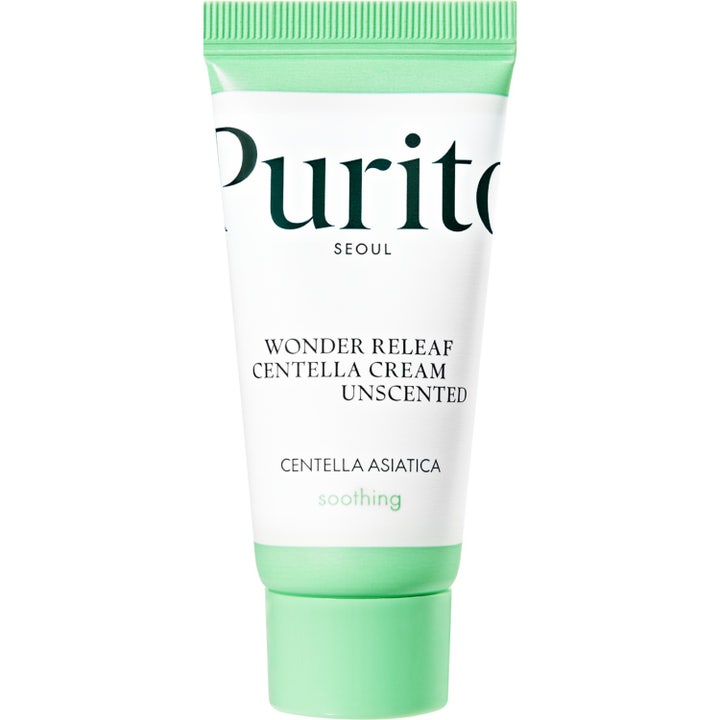 Purito Seoul Wonder Releaf Centella Cream Unscented beroligende ansiktskrem i hvit tube med lysegrønn kork