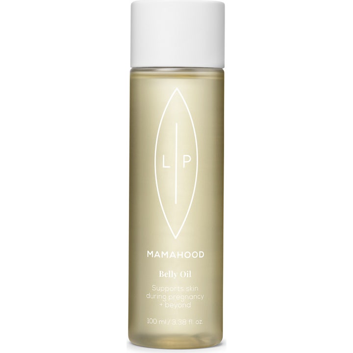 Little Patches Mamahood Belly Oil 100 ml pleiende kroppsolje i en klar flaske med hvit kork og gyllen olje