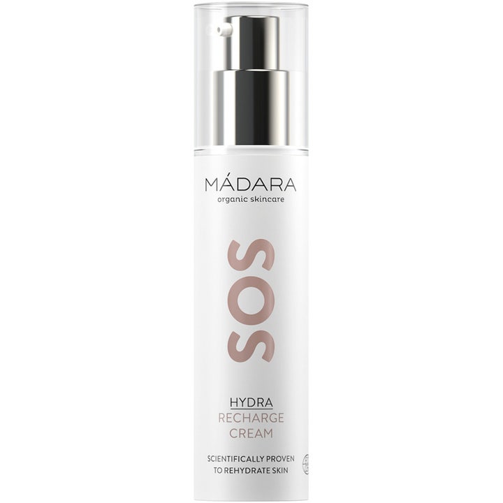 Mádara SOS Hydra Recharge Cream 50 ml fuktighetskrem i hvit sylindrisk flaske med sølvpumpe og gjennomsiktig kork