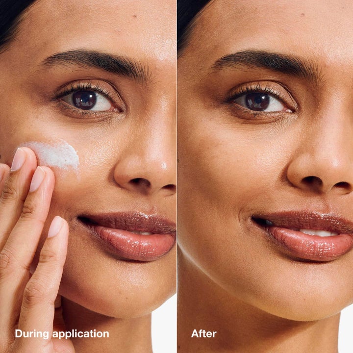 Clinique Mattifying Protection 90 ml matterende solbeskyttelse viser hvit krem under påføring og matt resultat