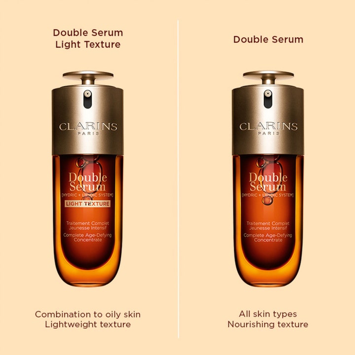 Clarins Double Serum Light Texture 30 ml anti-age ansiktsserum sammenligner lett tekstur med den originale formelen.