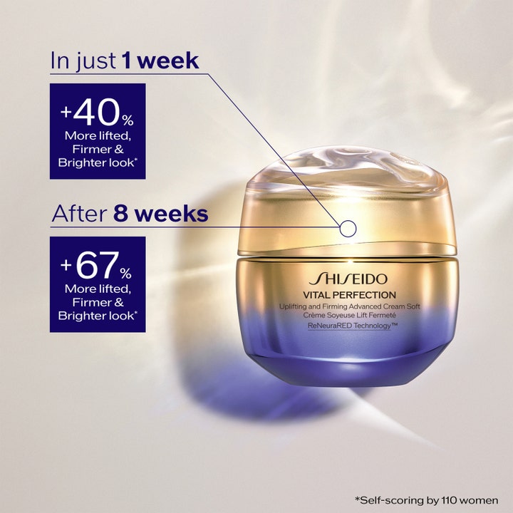 Shiseido Vital Perfection Advanced Soft Cream 50 ml i gull- og lilla krukke som gir løft og glød.