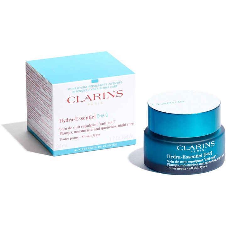 Clarins Hydra-Essentiel 50 ml nattkrem som gir fuktighet i en blå glasskrukke med hvitt lokk og eske