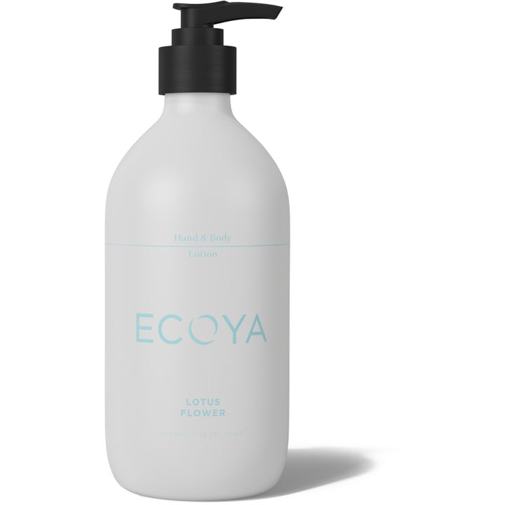 Ecoya Lotus Flower Hand & Body Lotion 450 ml fuktighetsgivende kroppslotion i hvit flaske med sort pumpe