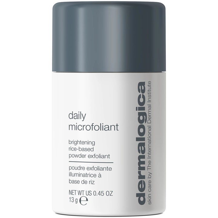 Dermalogica Daily Microfoliant 13 g eksfolierende pulver som gir glød i hvit plastbeholder med grått lokk