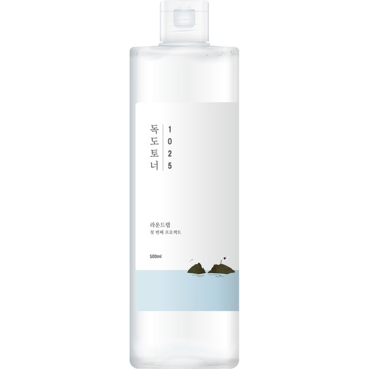 Round Lab 1025 Dokdo Toner 500ml eksfolierende ansiktstoner i klar flaske med hvit etikett og blått havmotiv