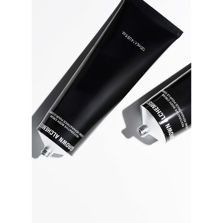 Grown Alchemist Restorative Body Cream 120 ml gjenopprettende kroppskrem i matte sorte tuber som gir huden fuktighet