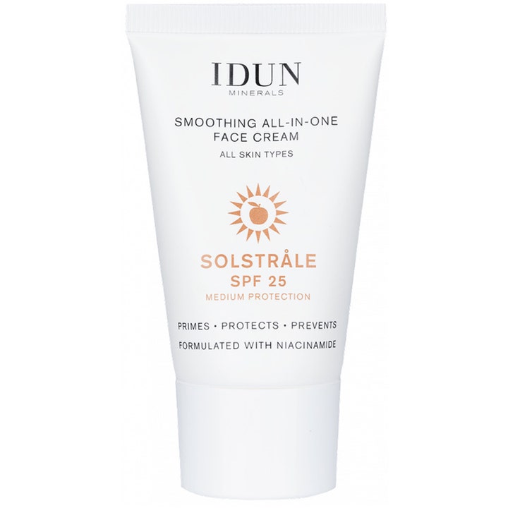 Idun Minerals Solstråle SPF 25 30 ml utjevnende ansiktskrem i hvit tube med solsymbol og niacinamid