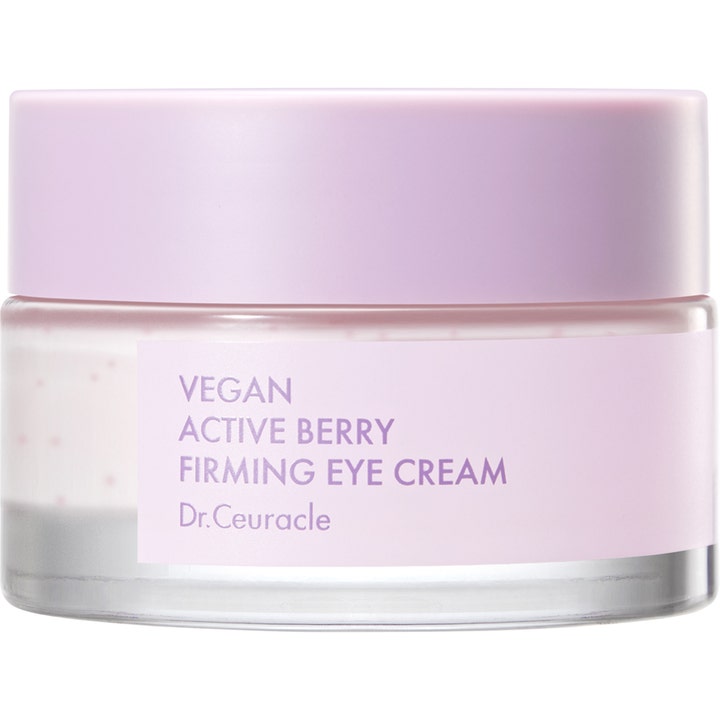 Dr.Ceuracle Vegan Active Berry Firming Eye Cream oppstrammende øyekrem i glasskrukke med lilla lokk og små rosa kapsler