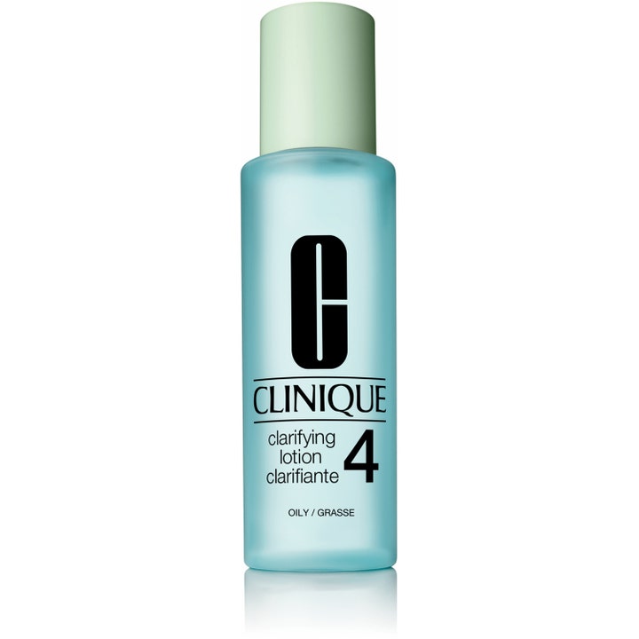 Clinique Clarifying Lotion 4 200ml eksfolierende ansiktsvann for fet hud i lyseblå plastflaske med lysegrønn kork