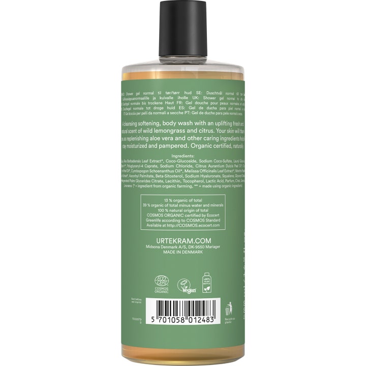 Urtekram Wild Lemongrass Body Wash 500 ml pleiende dusjsåpe baksiden med ingredienser og veganske logoer på grønn etikett